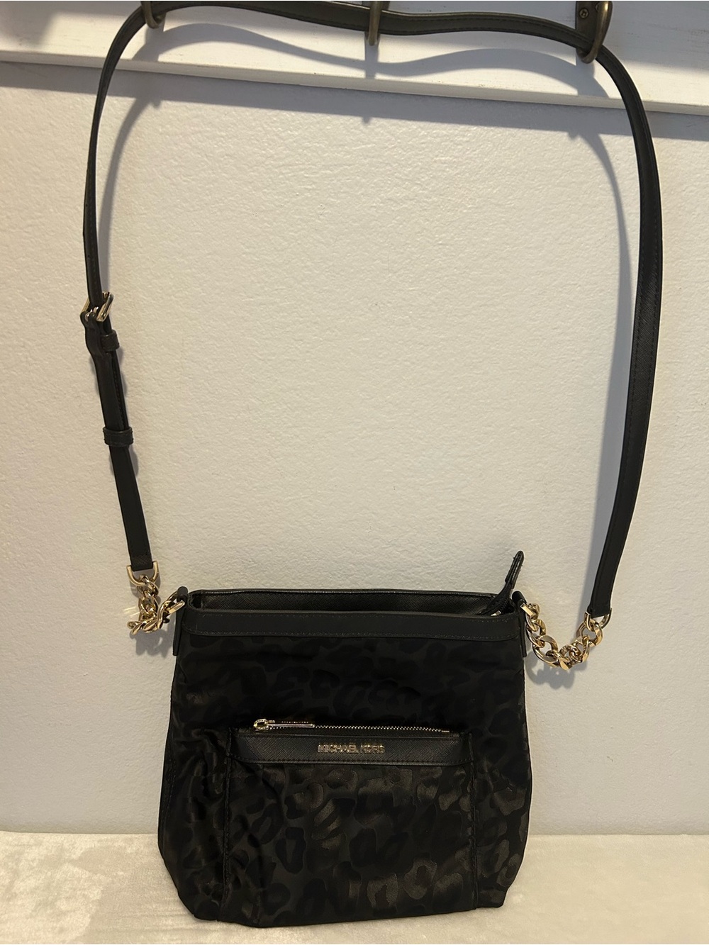 Michael Kors Black Leopard-Print Crossbody Bag with Gold Hardware